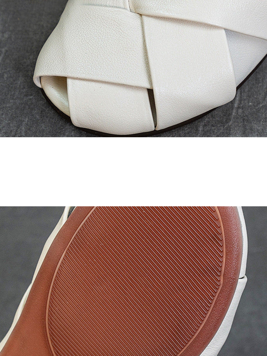 Women Summer Soft Leather Low Heel Weave Slippers