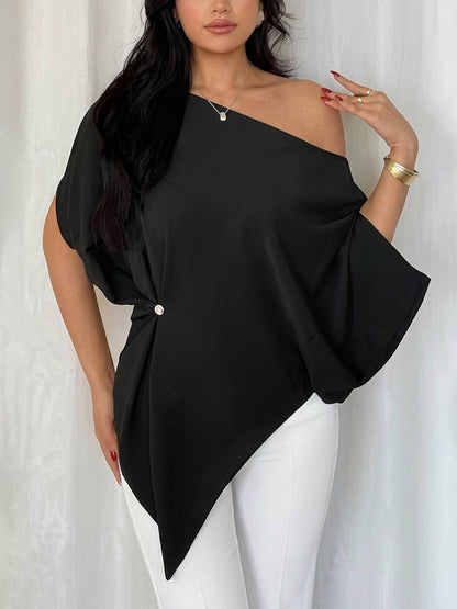 Batwing Sleeves Loose Asymmetric Knot Solid Color One-Shoulder Blouses&Shirts Tops