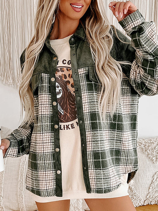 Long Sleeves Loose Buttoned Contrast Color Plaid Split-Joint Lapel Outerwear
