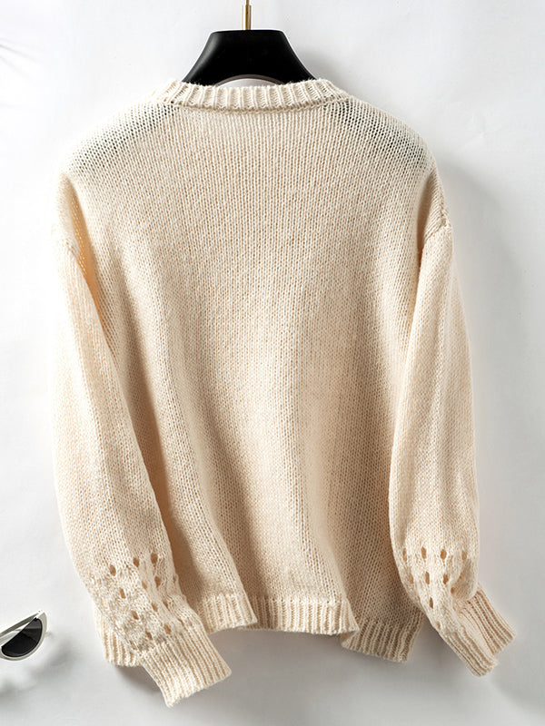 Long Sleeves Loose Hollow Solid Color Split-Joint Round-Neck Pullovers Sweater Tops