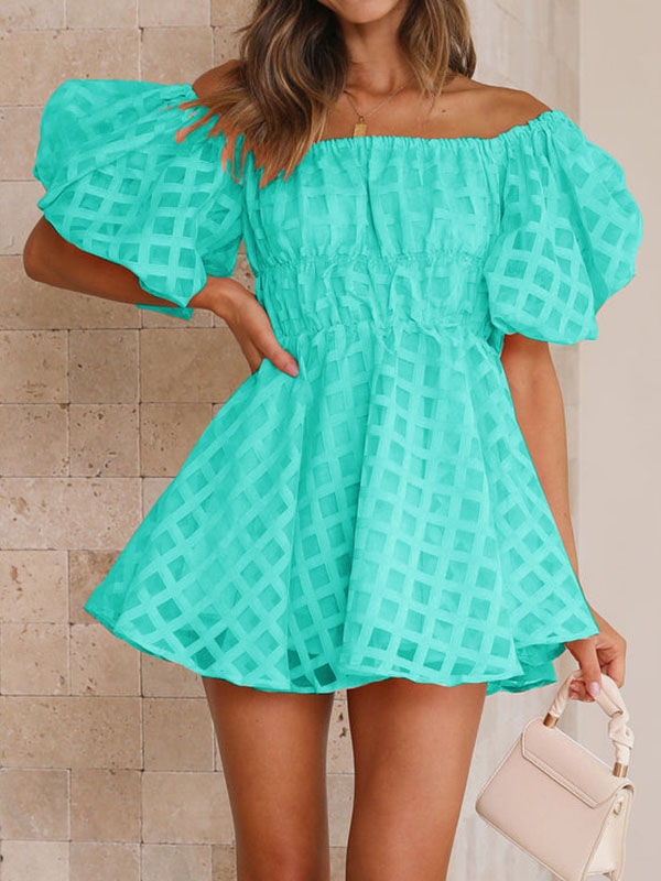 High Waisted Loose Elasticity Solid Color Split-Joint Off-The-Shoulder Mini Dresses