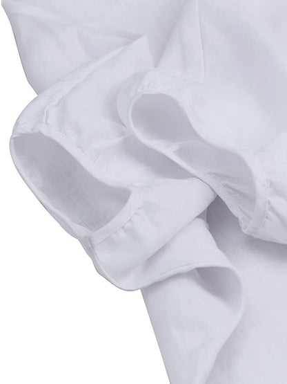 Loose Puff Sleeves Hollow Solid Color Split-Joint Round-Neck T-Shirts