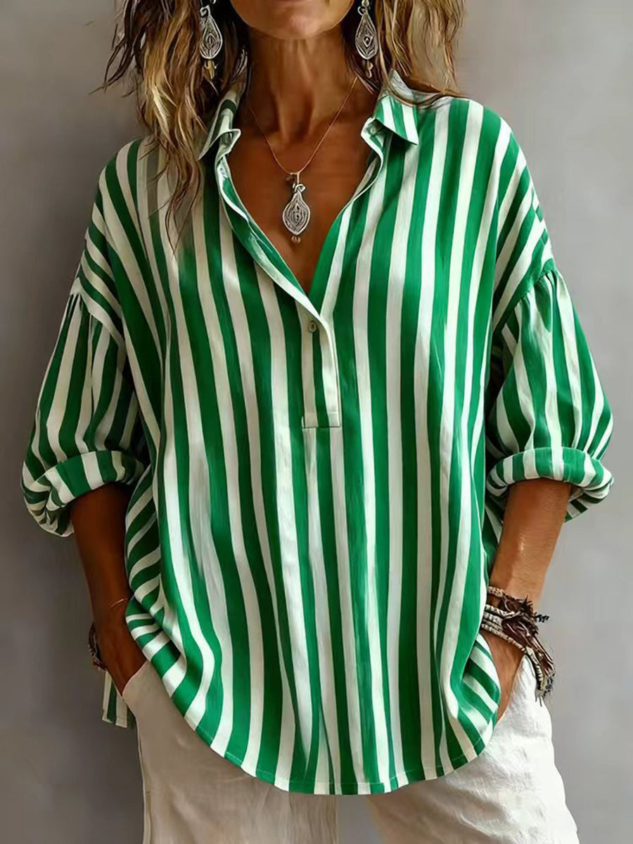 Long Sleeves Loose Buttoned Contrast Color Striped Lapel Blouses&Shirts Tops
