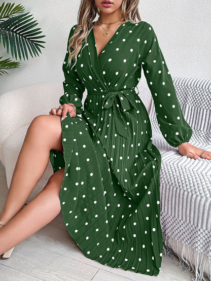 High Waisted Long Sleeves Pleated Polka Dot Tied Waist V-Neck Maxi Dresses Shirt Dress