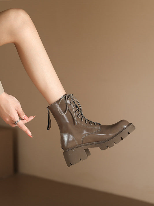 Chunky Shoes Height Increasing Lace-Up Round-Toe Solid Color Velvet Zipper Boots