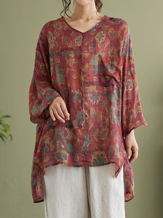 Plus Size Floral Vintage Ramie Split Women Summer Shirt