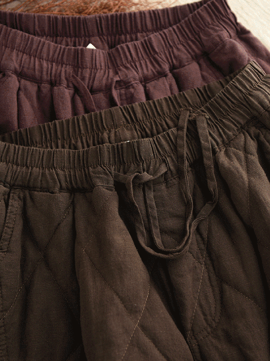 Women Autumn Pure Color 100%Linen Padded Harem Pants