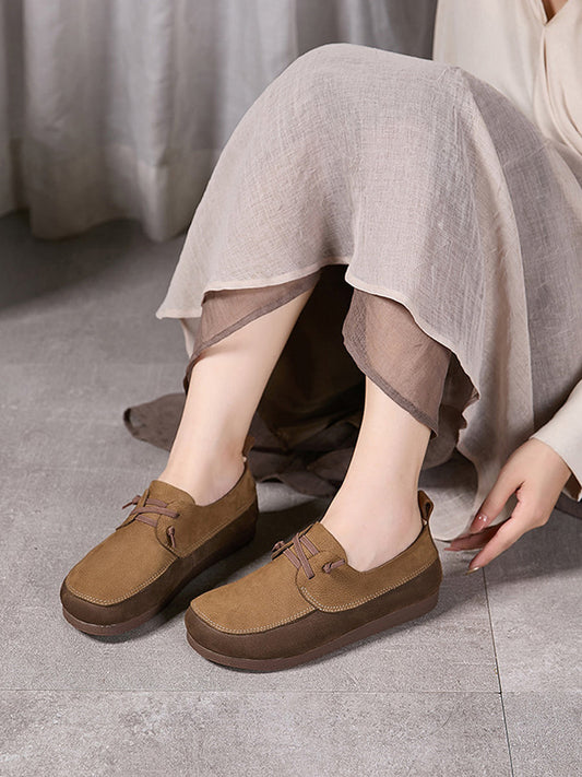 Women Vintage Colorblock Genuine Leather Flat Shoes