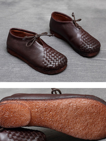 Women Summer Vintage Leather Weave Low Heel Shoes