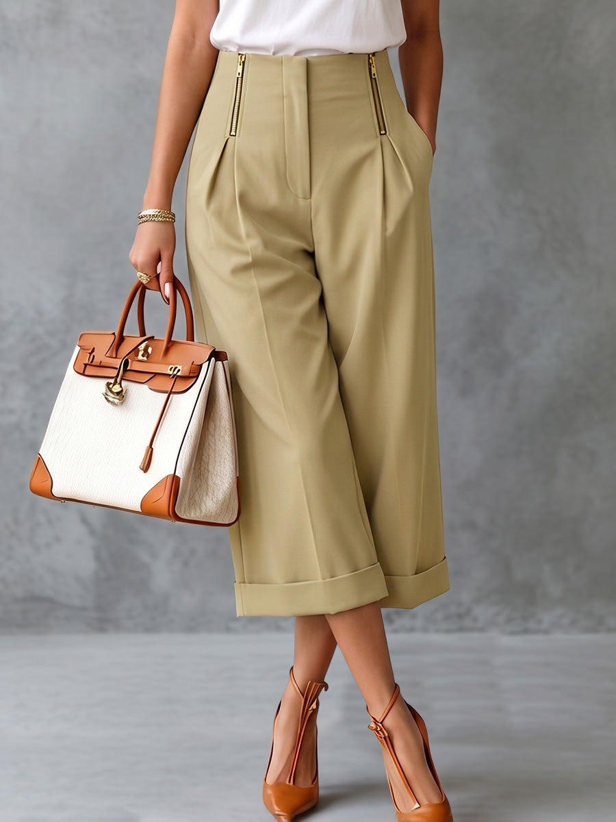 High Waisted Wide Leg Elasticity Pleated Pockets Solid Color Zipper Capri-Pants Cropped Trousers