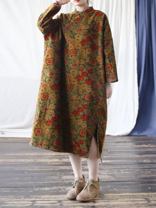 Women Autumn Ethnic Flower Stand Collar Croduroy Dress