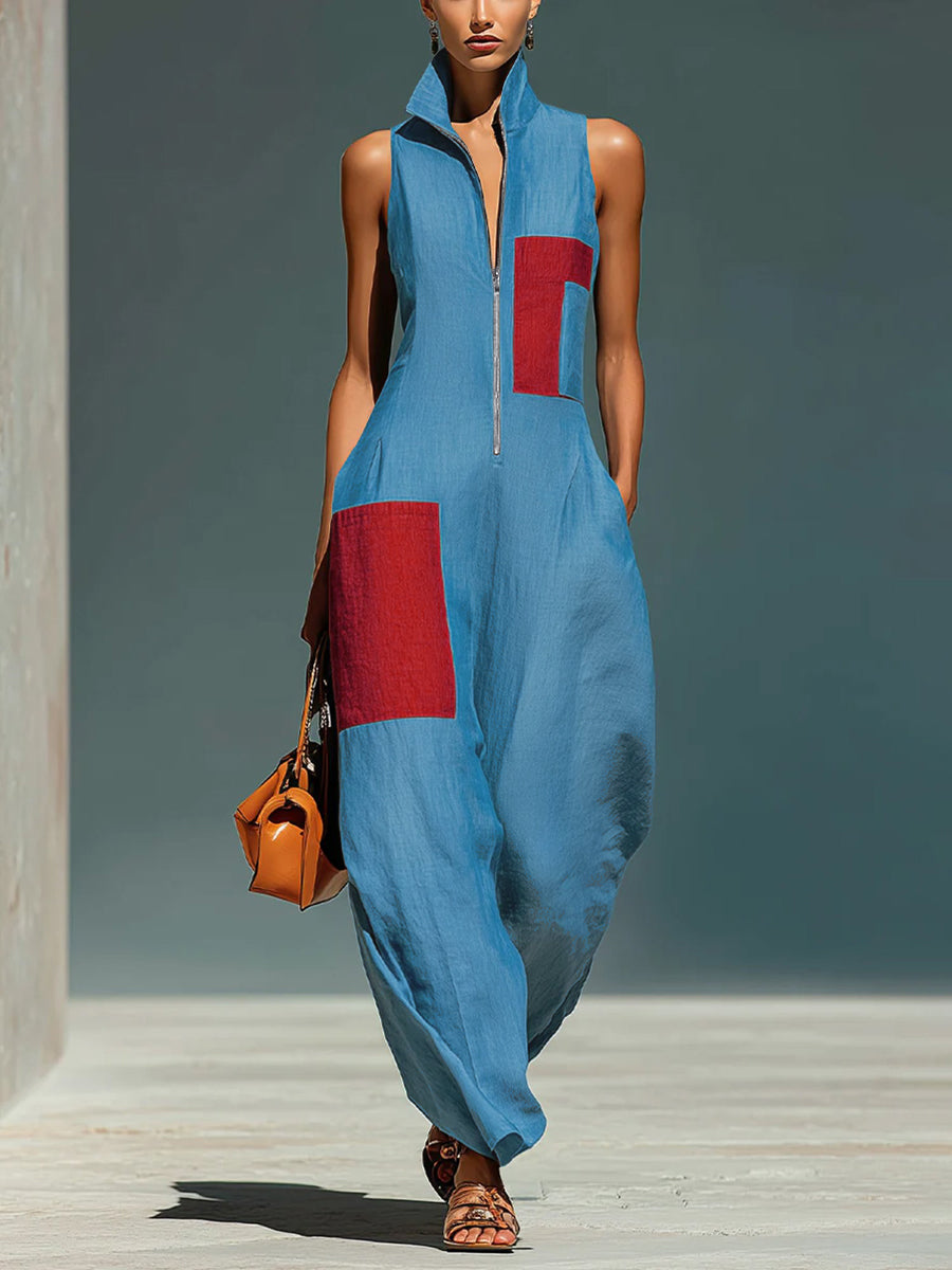 Loose Wide Leg Contrast Color Pockets Lapel Jumpsuits