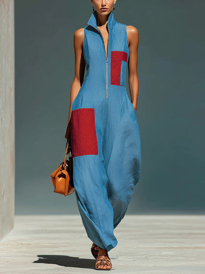 Loose Wide Leg Contrast Color Pockets Lapel Jumpsuits