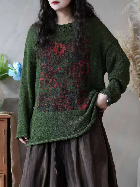 Women Autumn Artsy Flower Knitted O-Neck Sweater