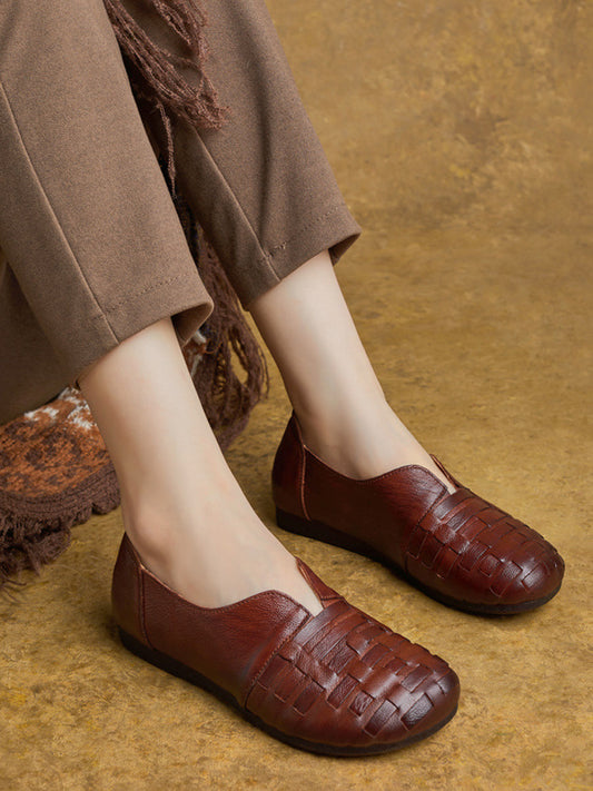 Women Vintage Genuine Leather Weave Flat Shoes