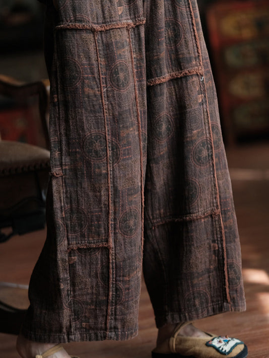 Women Summer Retro Print Spliced Cotton Wide-leg Pants