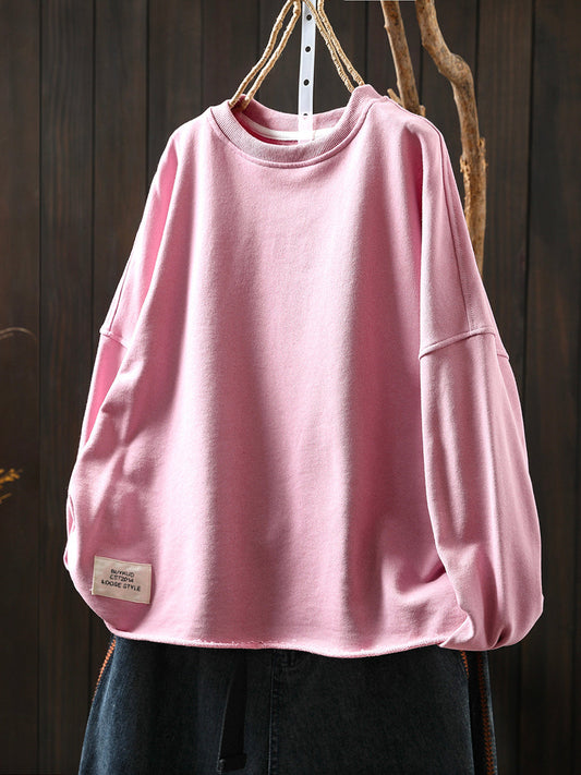 Plus Size Women Autumn Casual Pure Color O-Neck Blouse
