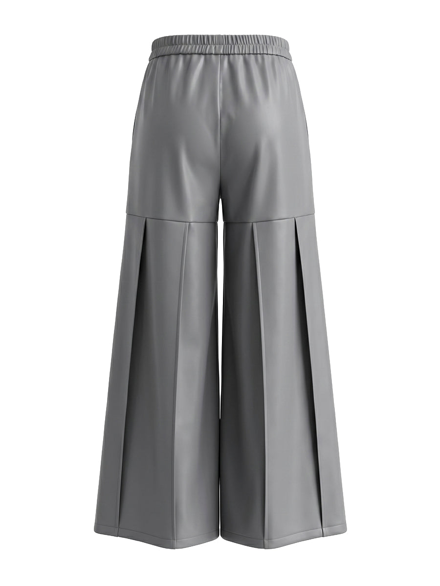 High Waisted Elasticity Pleated Pockets Solid Color Zipper Wide Leg Pants