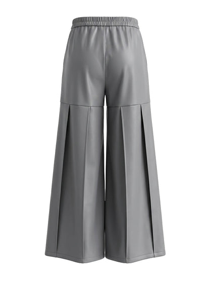 High Waisted Elasticity Pleated Pockets Solid Color Zipper Wide Leg Pants