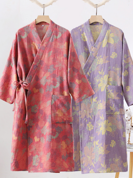 Vintage Floral 100% Cotton Double-Layer Gauze Robe
