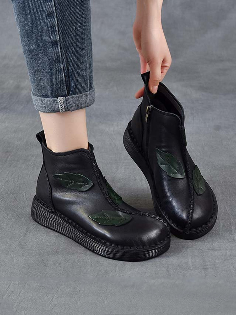 Women Winter Retro Leather Spliced Leather Ankle Boots