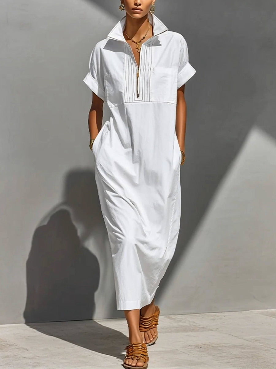 Zipper Solid Color Pockets Sleeveless High Waisted V-neck Maxi Dresses