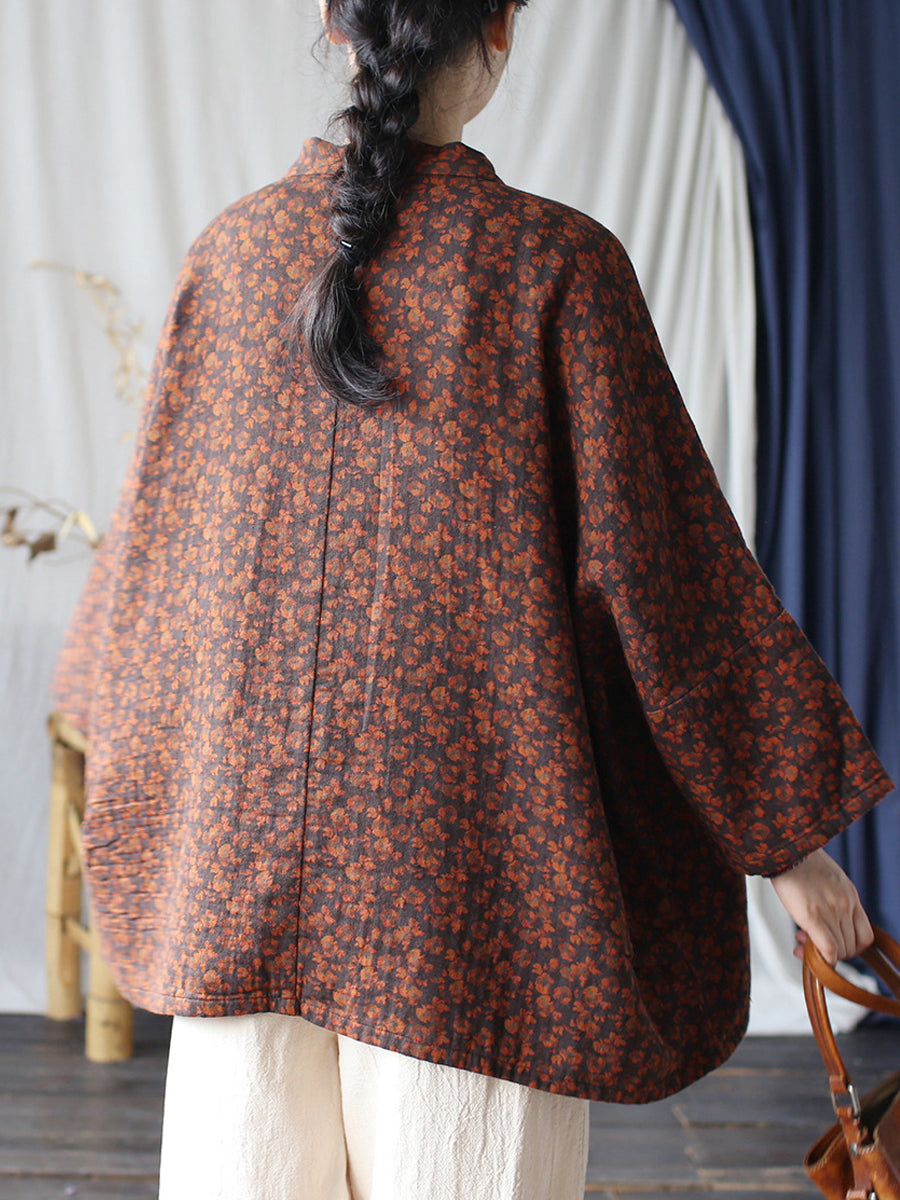 Women Autumn Retro Flower Cotton V-Neck Shirt