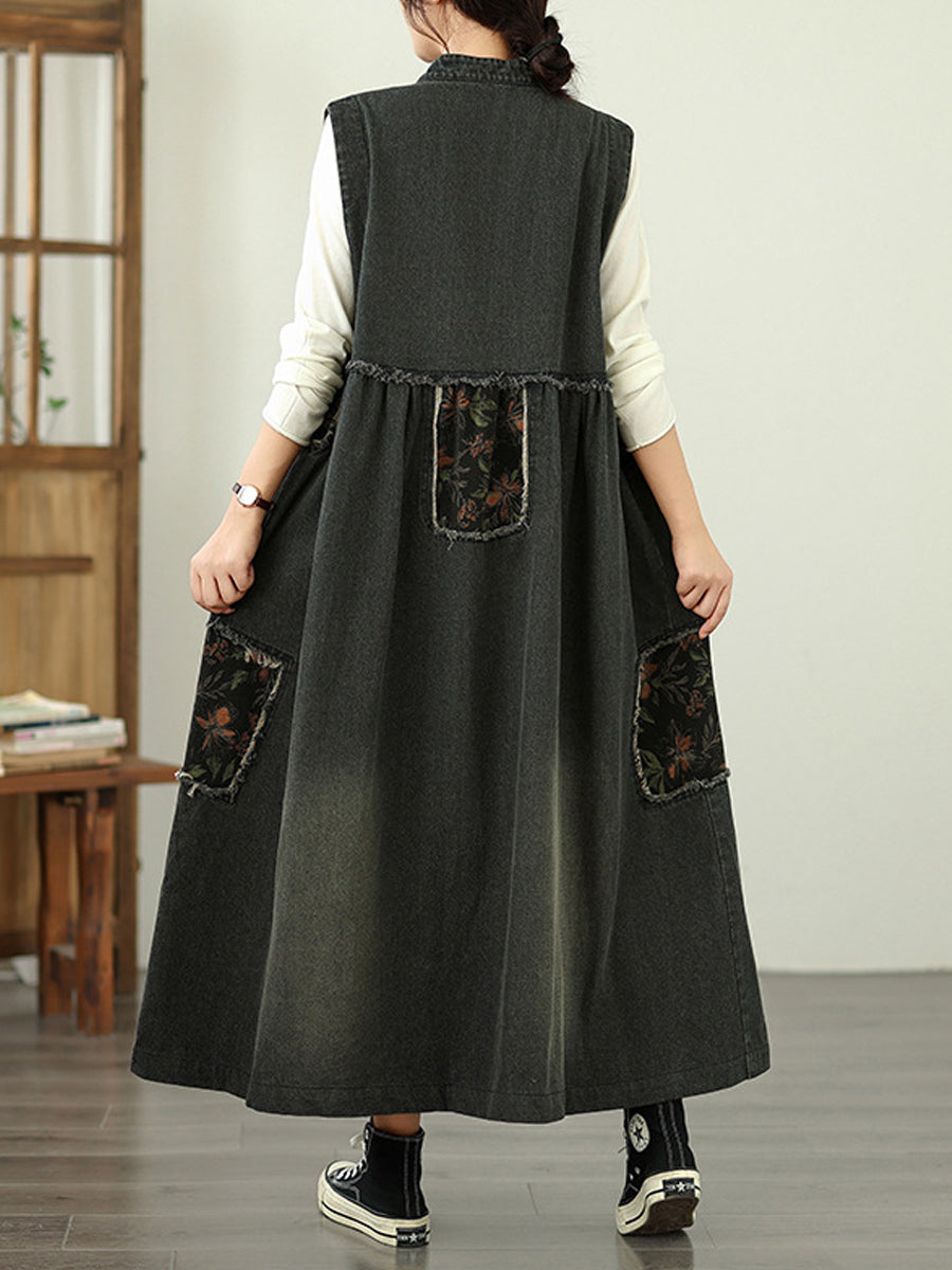 Women Vintage Denim Patchwork Stand Collar Long Vest Coat