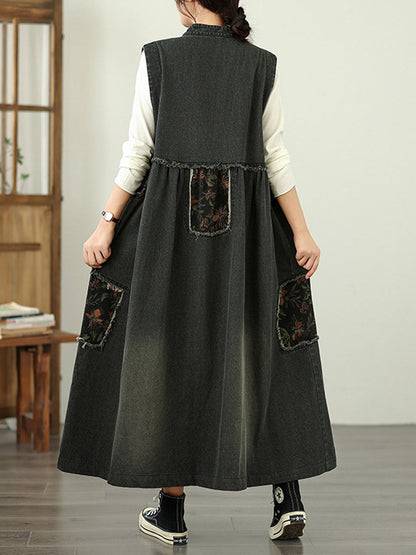 Women Vintage Denim Patchwork Stand Collar Long Vest Coat