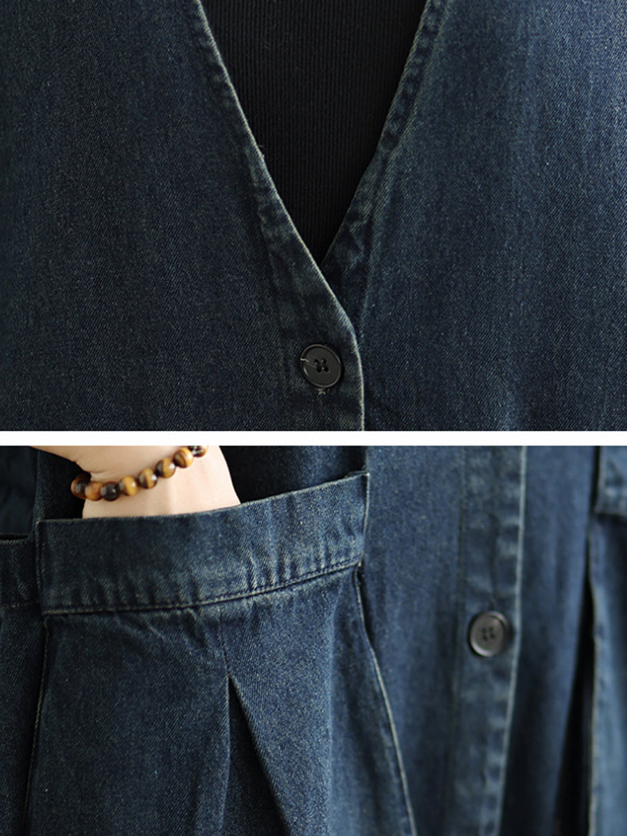 Women Autumn Retro Pure Color Denim V-Neck Vest Dress