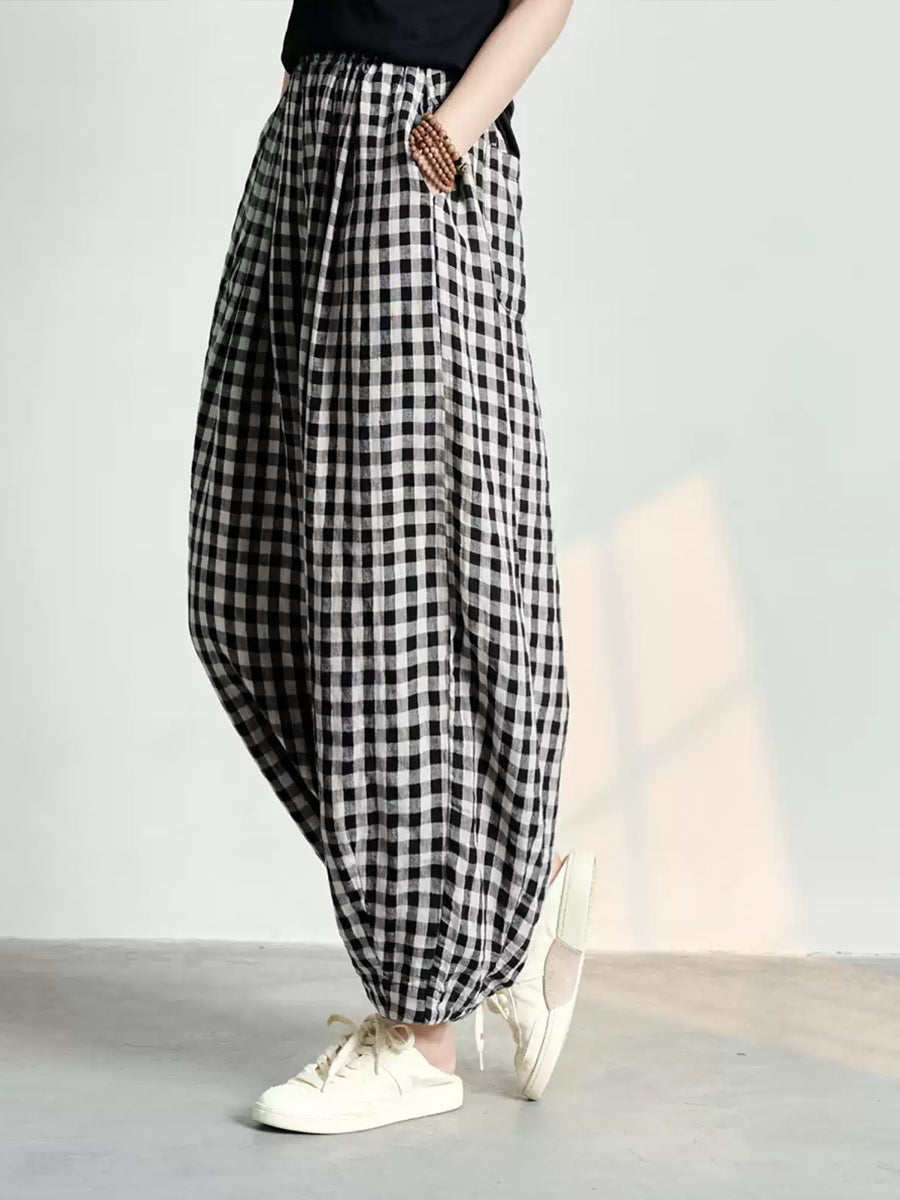 Plus Size Women Spring Casual Plaid Loose Linen Harem Pants