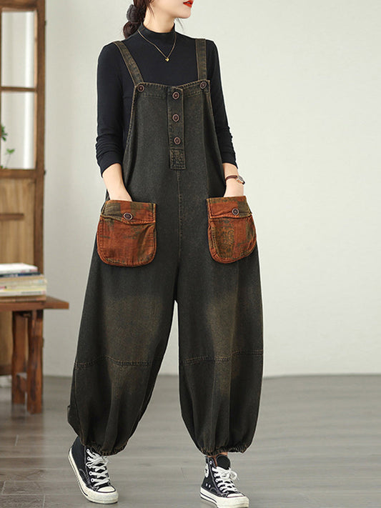 Women Autumn Retro Spliced Denim Jumpsuits