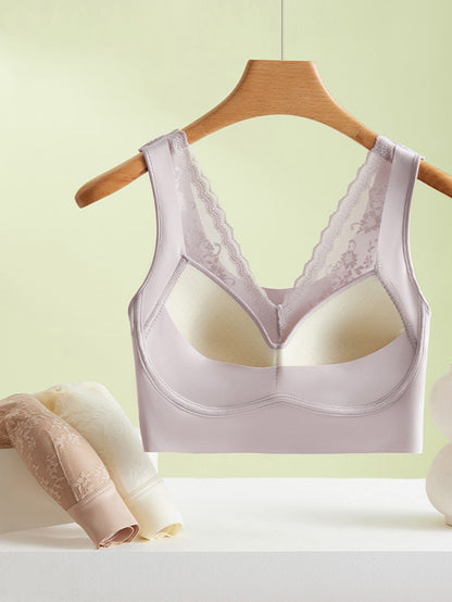 Women Artsy Pure Color Lace Satin Seamless Bra