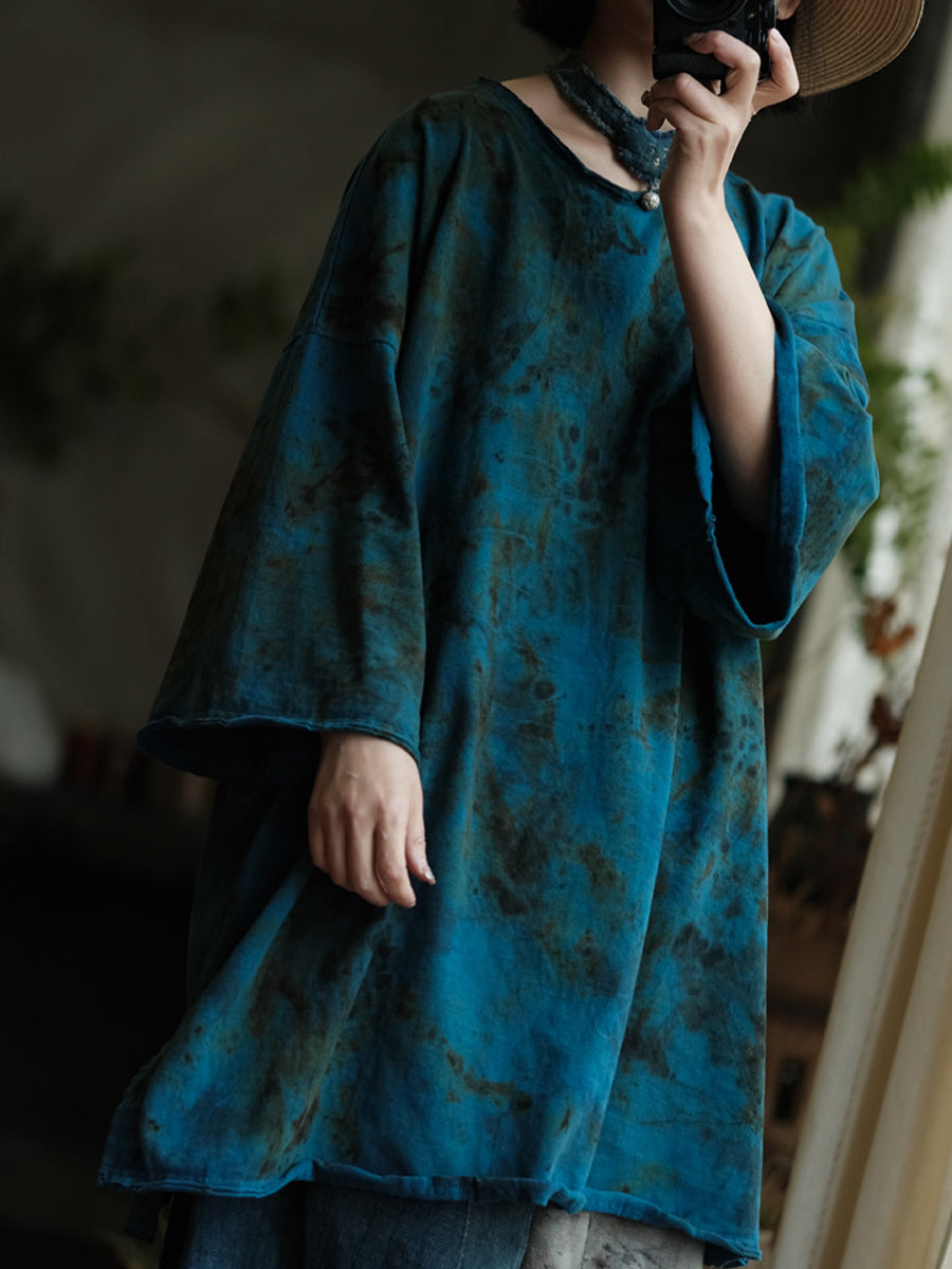 Women Autumn Vintage O-Neck Tie-dye Cotton Shirt