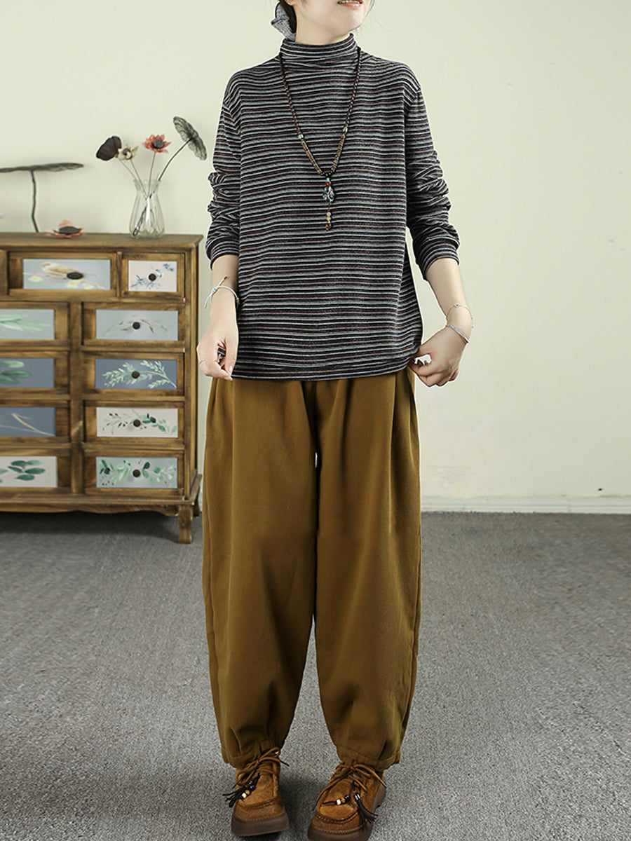 Women Autumn Artsy Stripe Cotton Half-Turtleneck Blouse