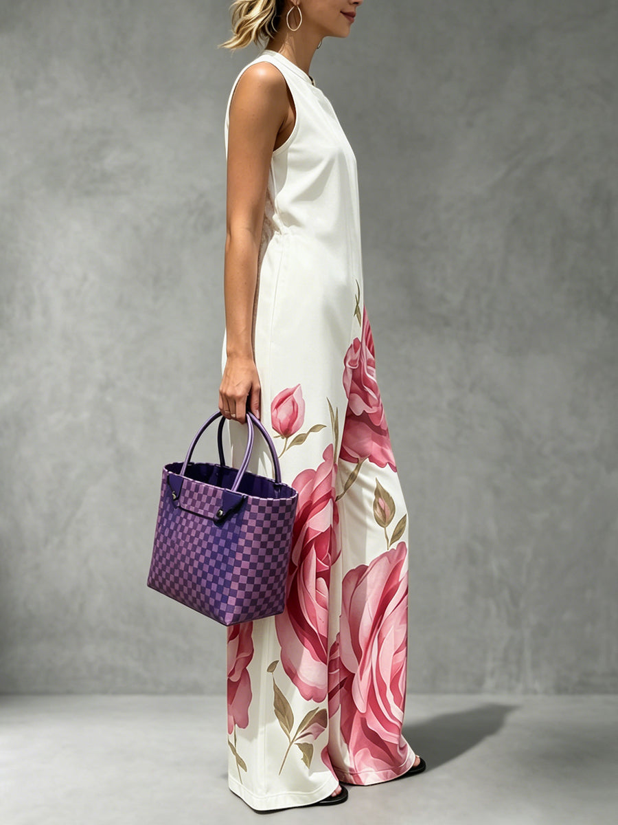 High Waisted Loose Flower Print Pleated Pockets Round-Neck Jumpsuits
