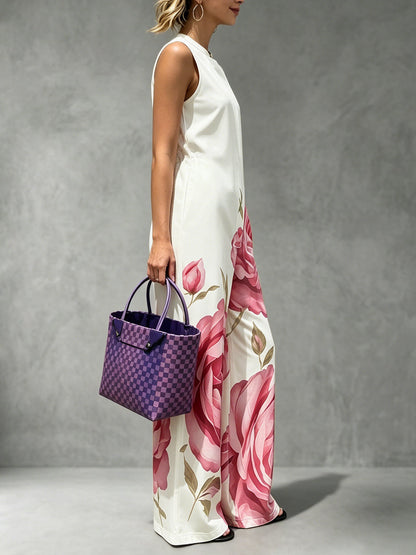 High Waisted Loose Flower Print Pleated Pockets Round-Neck Jumpsuits