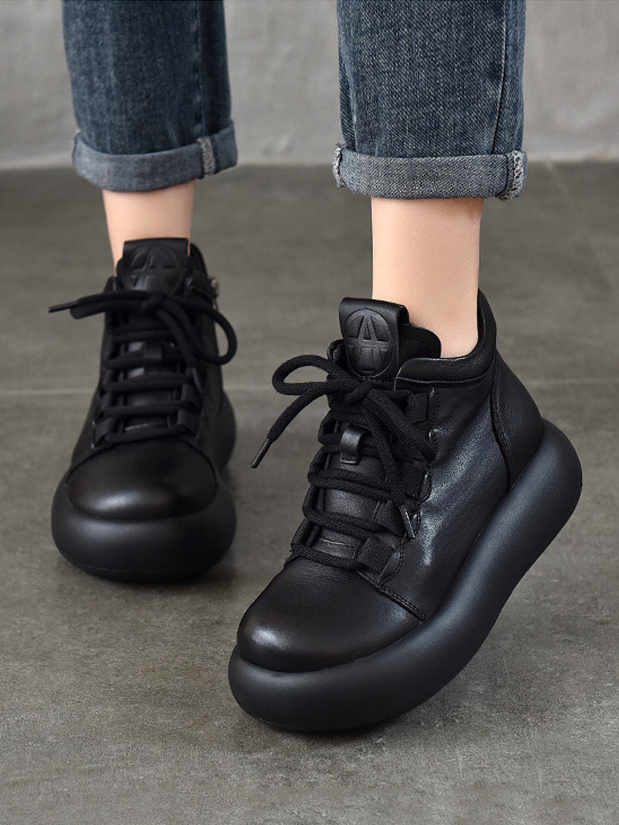 Women Vintage Genuine Leather Spliced Platform Boots