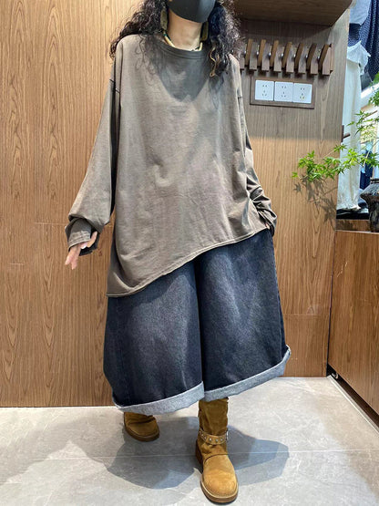 Plus Size Women Autumn Casual Pure Color 100%Cotton O-Neck Shirt