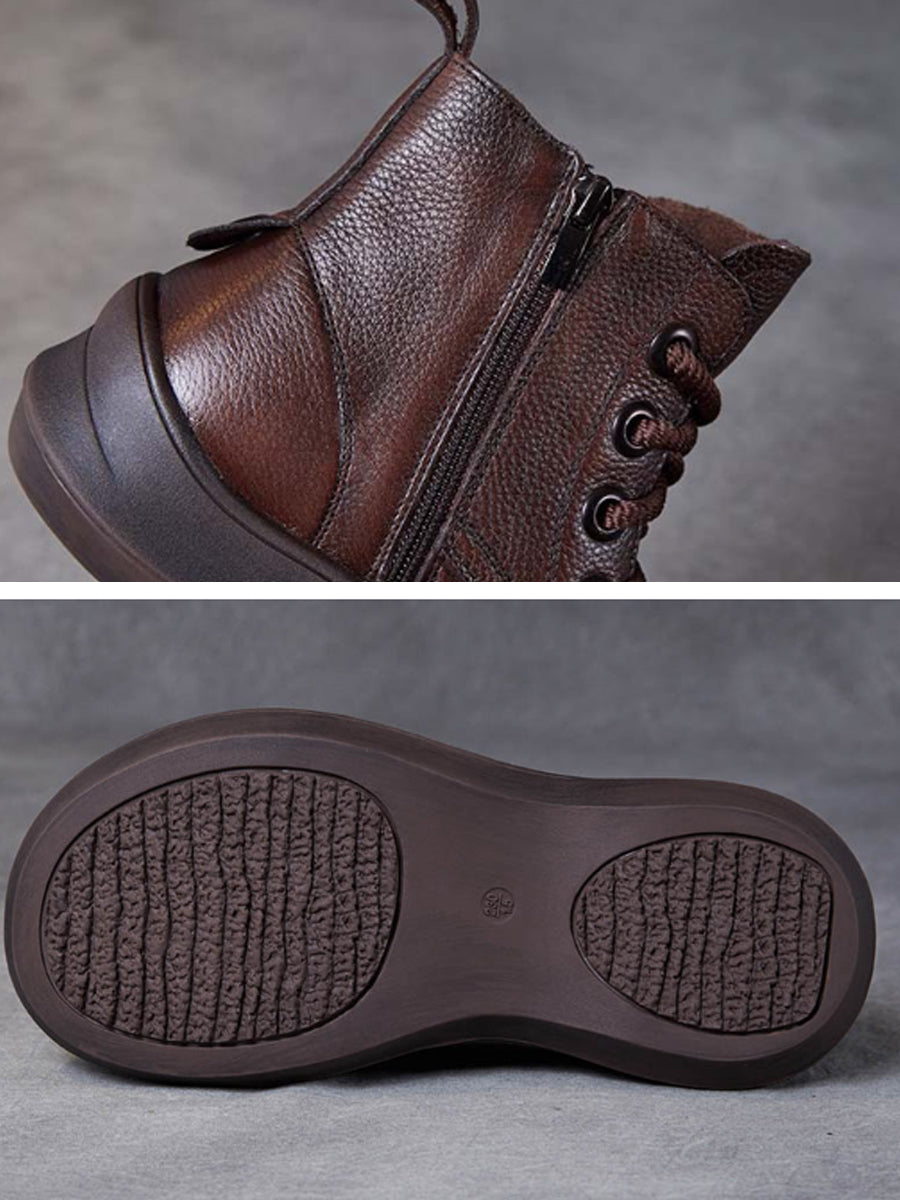 Women Vintage Genuine Leather Spliced Platform Boots