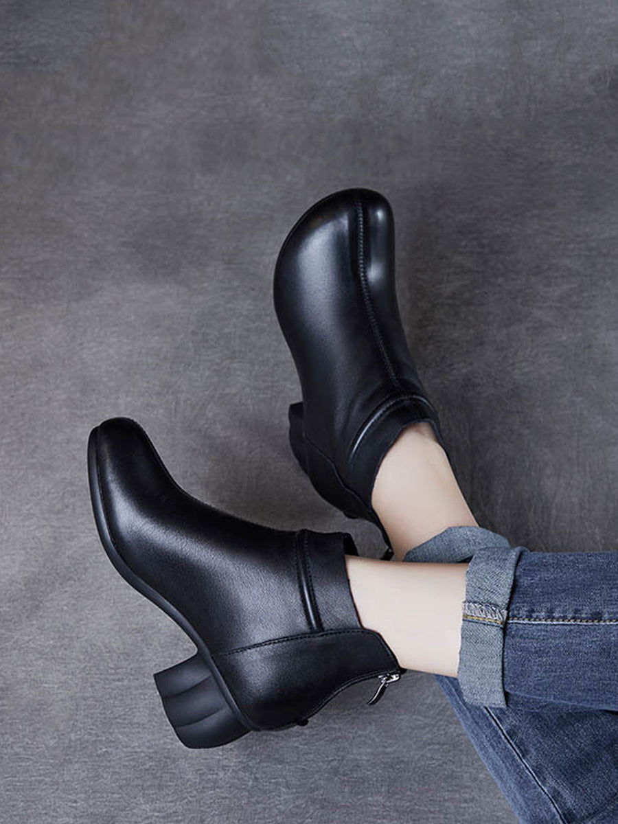 Women Vintage Genuine Leather Mid Heel Ankle Boots