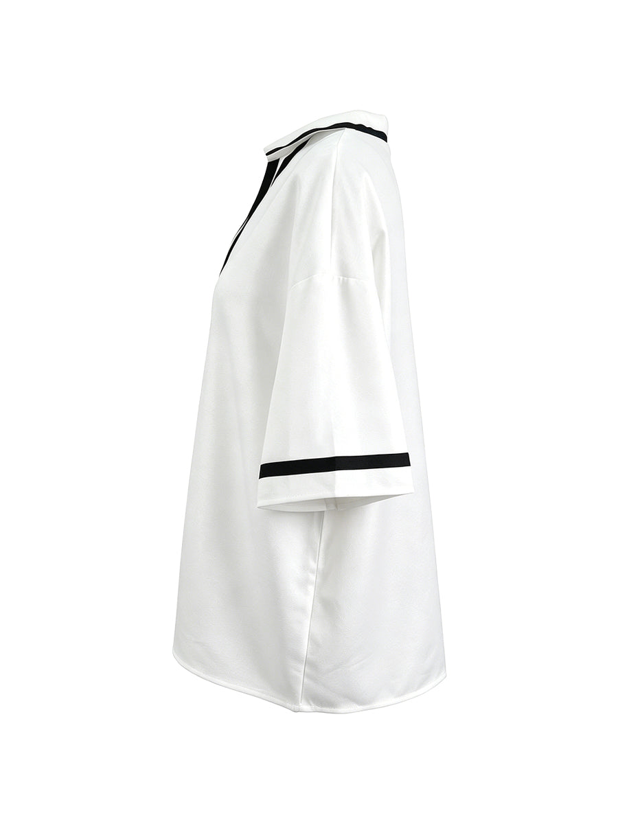 Half Sleeves Loose Contrast Color Lapel Blouses&Shirts Tops