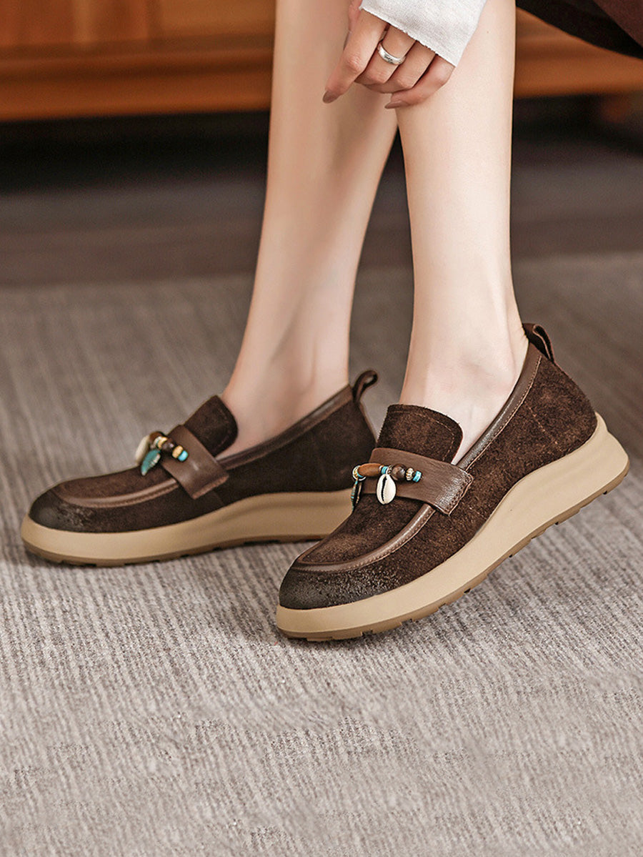 Women Vintage Genuine Leather Beads Platform Shoes
