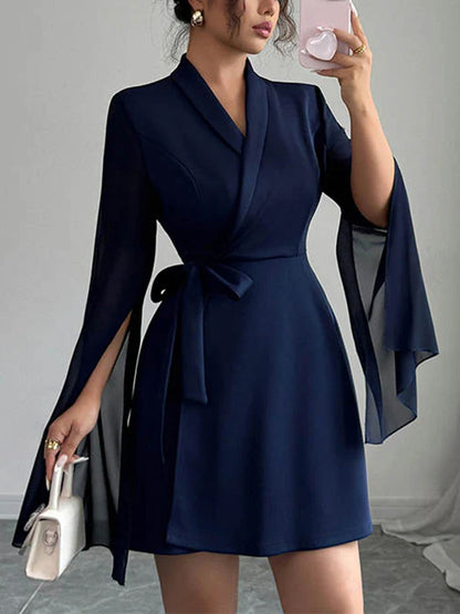 A-Line Elasticated Waist Interlace See-Through Solid Color Split-Joint Split-Side Tied Waist V-Neck Mini Dresses