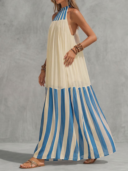 A-Line Loose Contrast Color Pleated Striped Halter-Neck Maxi Dresses