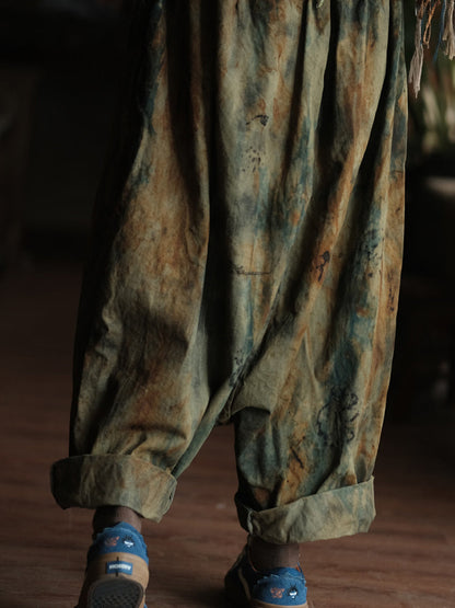 Women Summer Retro Tie-dye Cotton Wide-leg Pants