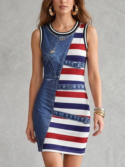 Bodycon Sleeveless Contrast Color Printed Striped Round-Neck Mini Dresses