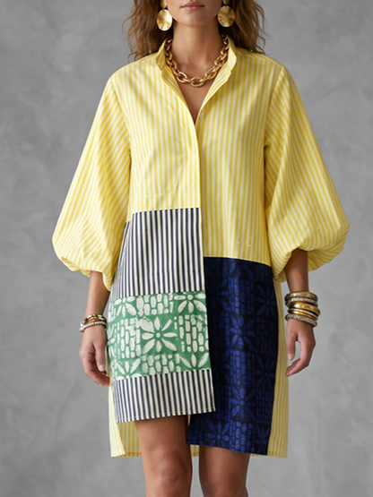 High-Low Long Sleeves Asymmetric Buttoned Contrast Color Printed Split-Joint Striped Lapel Mini Dresses Shirt Dress