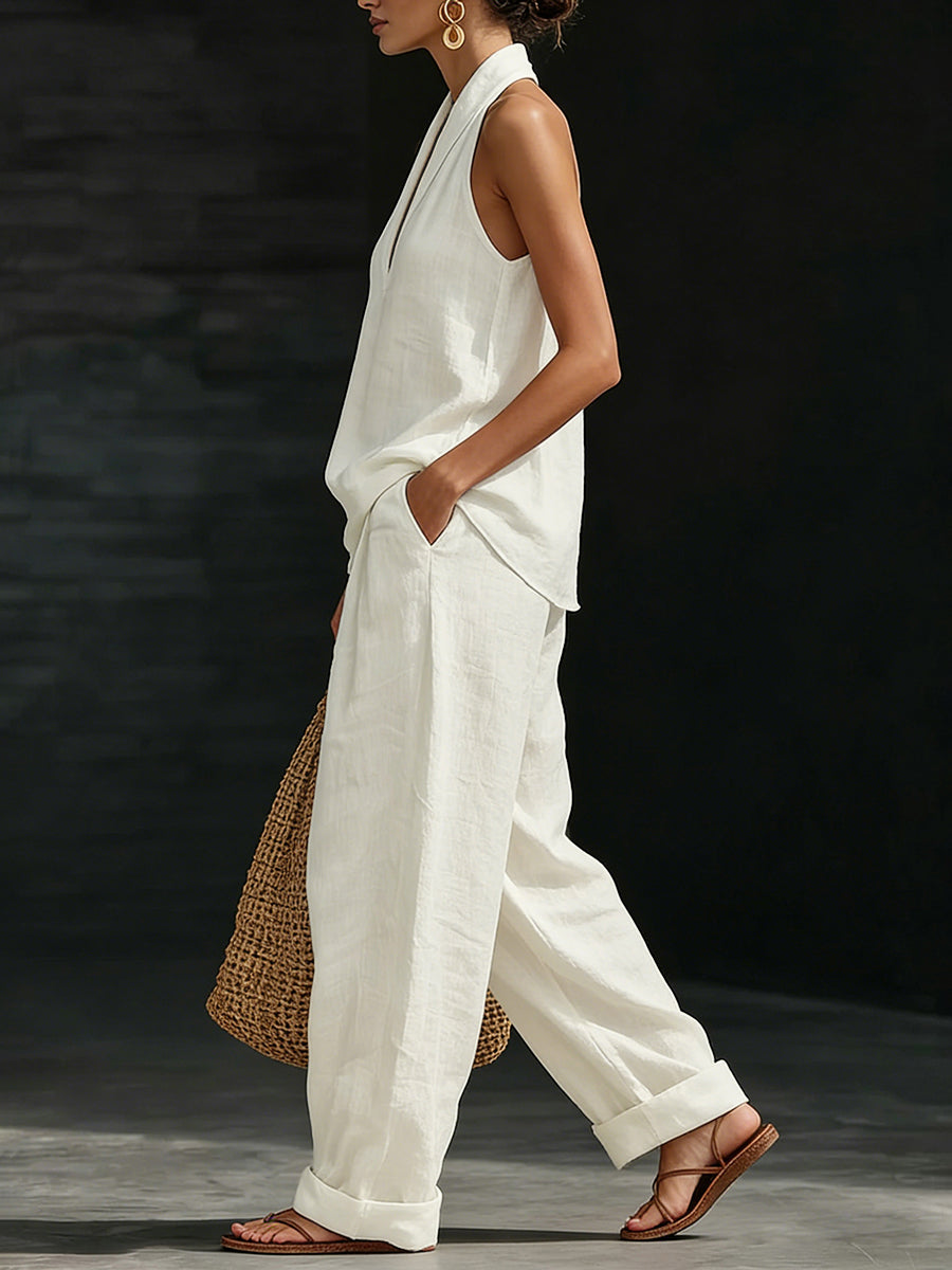 Loose Solid Color V-Neck Sleeveless Vest Top + Pockets Pants Trousers Two Pieces Set