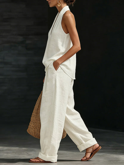 Loose Solid Color V-Neck Sleeveless Vest Top + Pockets Pants Trousers Two Pieces Set